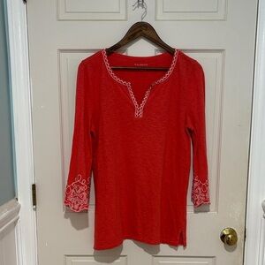 Talbots Cotton Embroidered Detailing Bell Sleeve Tunic Coral Color Size Medium